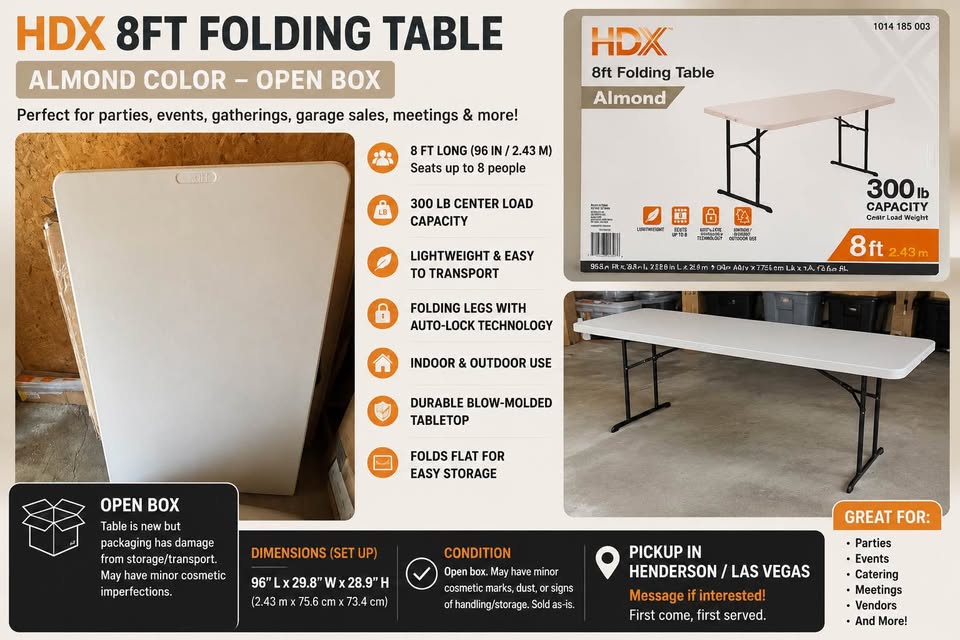 HDX 8 Ft Folding Table – Almond – Seats Up To 8 – Open Box